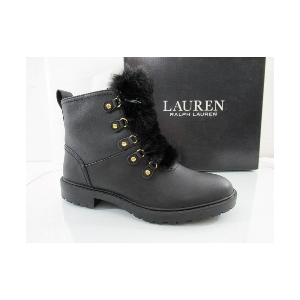 Lauren Ralph Lauren Elliot Waterproof Lace Up Boots Fur Leather Black Size 7